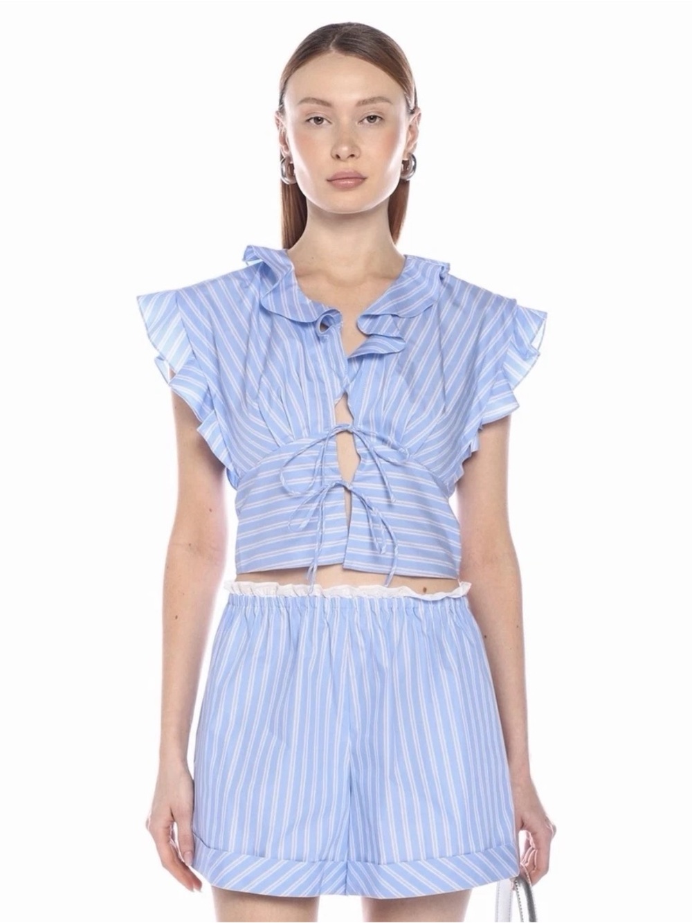 Sandro Blue & White Striped Ruffle Tie-Front Crop Top
